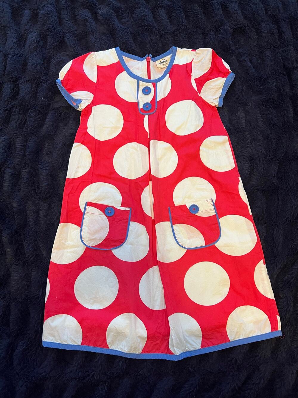 Mini Boden Girls Red White Polka Dot Dress 9-10 Blue Trim Pockets Cotton